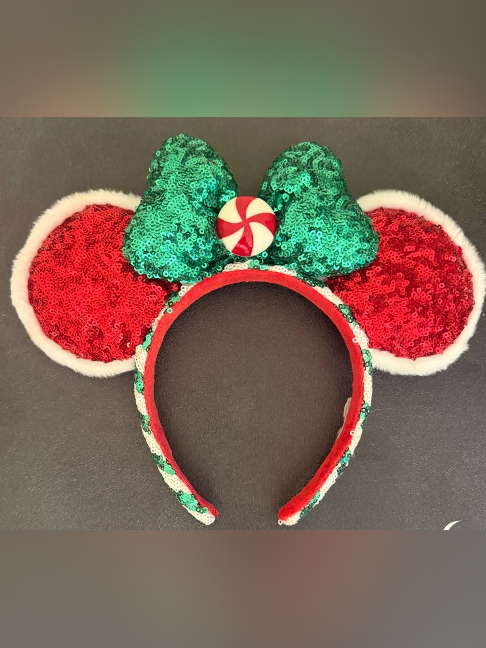 Disney Red and Green Sequin Holiday Mouse Ear Headband with Peppermint
